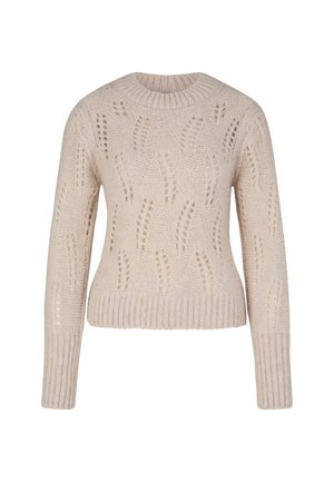 Hellbeiger, gestrickter Pullover mit rundem Ausschnitt, strukturierten Mustern und gerippten Bündchen und Saum. Kürzere Länge mit lockerer Passform.
