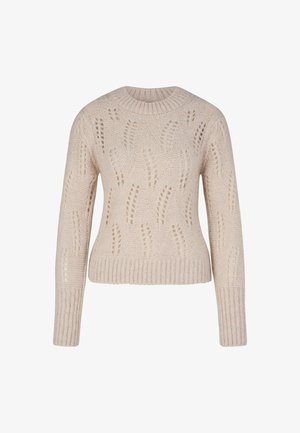 Lichtbeige gebreide trui met een ronde hals, textuurpatronen en ribgebreide manchetten en zoom. Kortere lengte met een losse pasvorm.