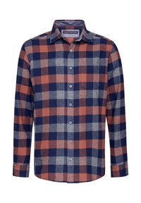 Langarm-Hemd mit Knöpfen in großem karierten Muster in Marineblau, Rost und Grau sowie einer einzelnen Brusttasche.