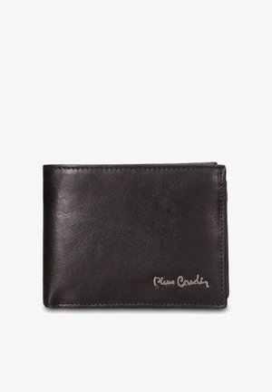 Black leather wallet with a smooth texture, bi-fold design, subtle stitching, and a silver logo accent. Compact and functional.