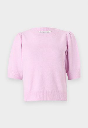 Roza kratka majica s kratkimi rokavi z okroglo ovratnikom, rebrastimi manšetami in mehkim videzom, s subtilnimi puff detajli na ramenih.