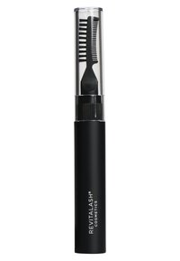 Black cosmetic applicator with a transparent cap, featuring a comb side and a flat applicator side for precise application.