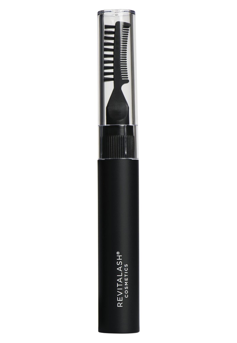Black cosmetic applicator with a transparent cap, featuring a comb side and a flat applicator side for precise application.