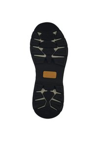 Schwarze Gummisohle mit strukturiertem Design, ausgerüstet mit einem zentralen Grip-Muster, einem orangen Logo-Patch und der Größenangabe "42" an der Unterseite.