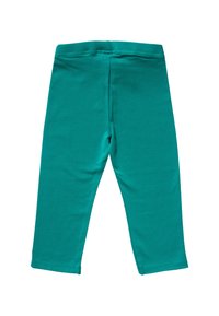 Leggings turchesi realizzati in cotone liscio. Design aderente con vita elastica e taglio alla caviglia. Nessun motivo o accento visibile.