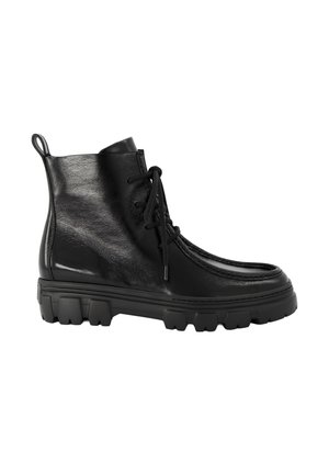 Black leather ankle boot with chunky tread sole, lace-up front, and pull tab at the back, shown from the outer side.