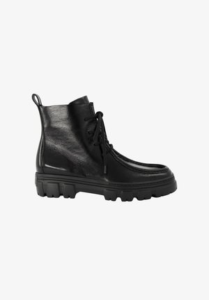 Black leather ankle boot with chunky tread sole, lace-up front, and pull tab at the back, shown from the outer side.