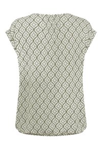 Kurzarmoberteil aus leichtem Stoff mit grünem geometrischem Muster. Mit gerafftem Ausschnitt, lockerer Passform und abgerundetem Saum.