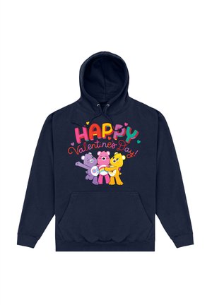 Granatowy hoodie z kieszenią z przodu oraz kolorową grafiką przedstawiającą trzy kreskówkowe misie i tekst "Szczęśliwego Dnia Zakochanych!" w różnych czcionkach.