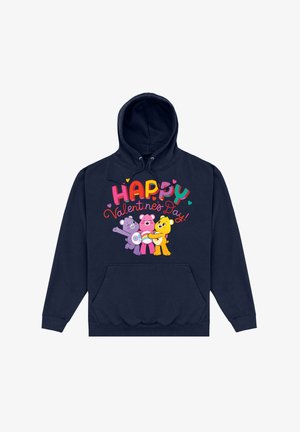 Marinefarbener Kapuzenpullover mit einer Fronttasche und einem bunten Grafikelement, das drei Cartoon-Bären und den Text "FROHE VALENTINSTAGE!" in verschiedenen Schriftarten zeigt.