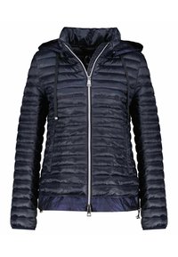 Granatowa kurtka puchowa z kapturem, z poziomą pikowaną strukturą, z zamkiem błyskawicznym z przodu oraz regulowanym sznurkiem u dołu i przy kapturze.