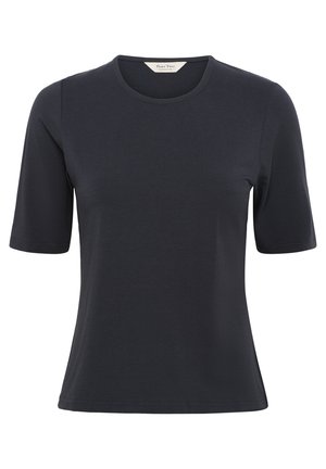 Ciemnoniebieska krótki rękaw t-shirt z okrągłym dekoltem, o prostym dolnym wykończeniu i małą białą metką wewnątrz kołnierza.