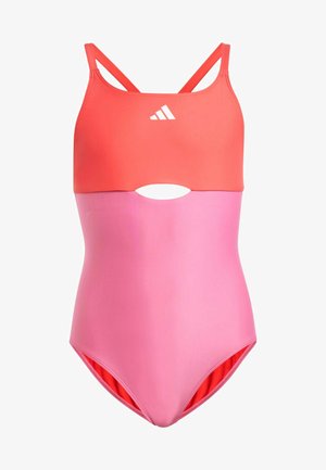 Costume intero da ragazza con parte superiore corallo, parte inferiore rosa, dettaglio ritagliato sotto il torace e logo Adidas bianco sul petto.