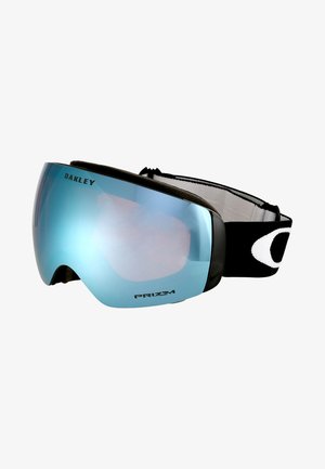 Oakley ski goggles with a large blue mirrored lens, black frame, and adjustable black strap featuring a white logo. Soft interior padding.