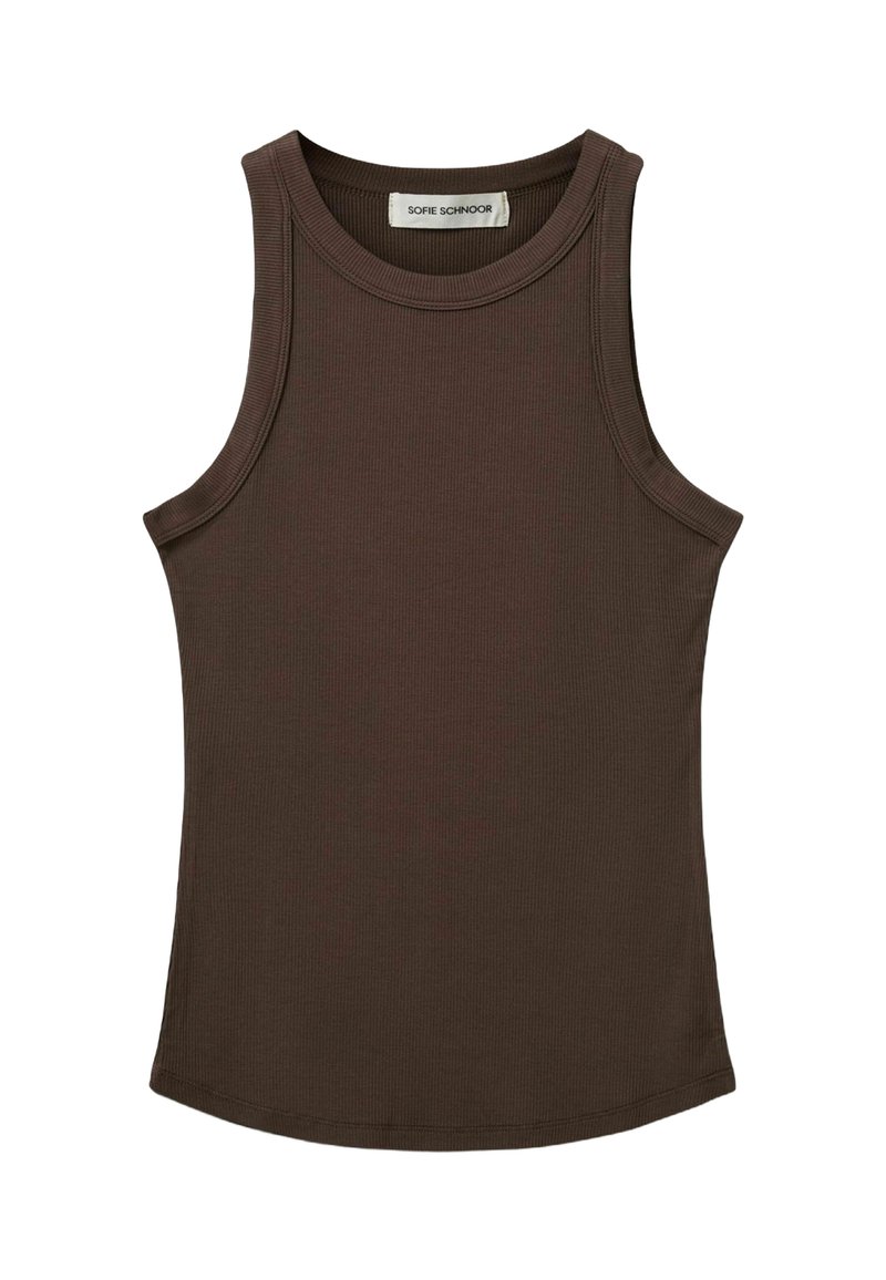 Brown ribbed tank top with a rounded neckline and sleeveless design. Fabric has a soft texture and a fitted silhouette.
