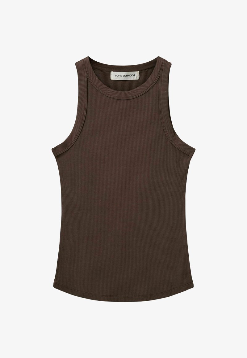 Brown ribbed tank top with a rounded neckline and sleeveless design. Fabric has a soft texture and a fitted silhouette.