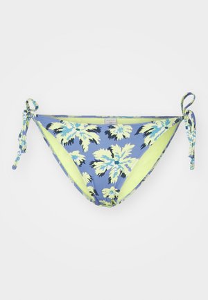 Bikini apakšdaļas ar sasienamām aizdares, ar zilu tropisko lapu rakstu, zaļu oderi un gludu, elastīgu auduma tekstūru.