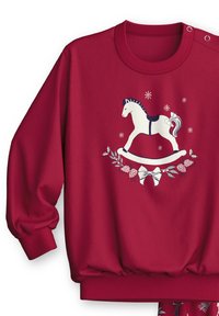 Roter Pullover mit einem Schaukelpferd-Design, floralem Akzent und Schneeflocken; gerippte Bündchen und Kragen; weicher Stoff.