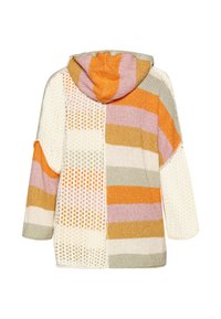 Jachetă cu glugă din materiale patchwork cu panouri texturate variate în nuanțe de portocaliu, mov, crem, verde și auriu; are mâneci supradimensionate și o croială lejeră.