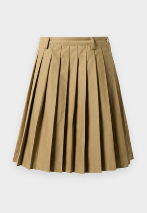 Khaki színű, ráncolt szoknya pamut keverékből, melynek illeszkedő dereka övhurkokkal rendelkezik, és a sziluettje bővül, térd fölé érve.