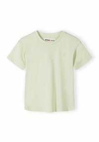 T-shirt vert clair à manches courtes avec col rond et petit logo brodé sur le côté gauche de la poitrine, présenté sur un fond blanc.