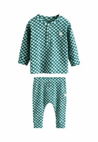 Groen en witte geblokte babyoutfit, bestaande uit een langemouwen top met knoopsluiting en bijpassende joggerbroeken met een elastische tailleband.