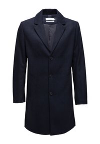 Cappotto in misto lana di colore blu navy con revers, design monopetto e chiusura a cinque bottoni. Presenta due tasche anteriori e una fodera morbida.