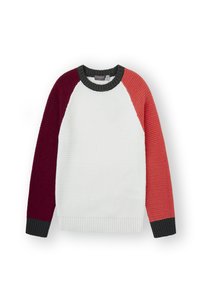 Jersey de punto con cuerpo blanco, mangas raglán en burdeos, coral y gris, cuello y dobladillo acanalados. Tejido texturizado con un ajuste casual.