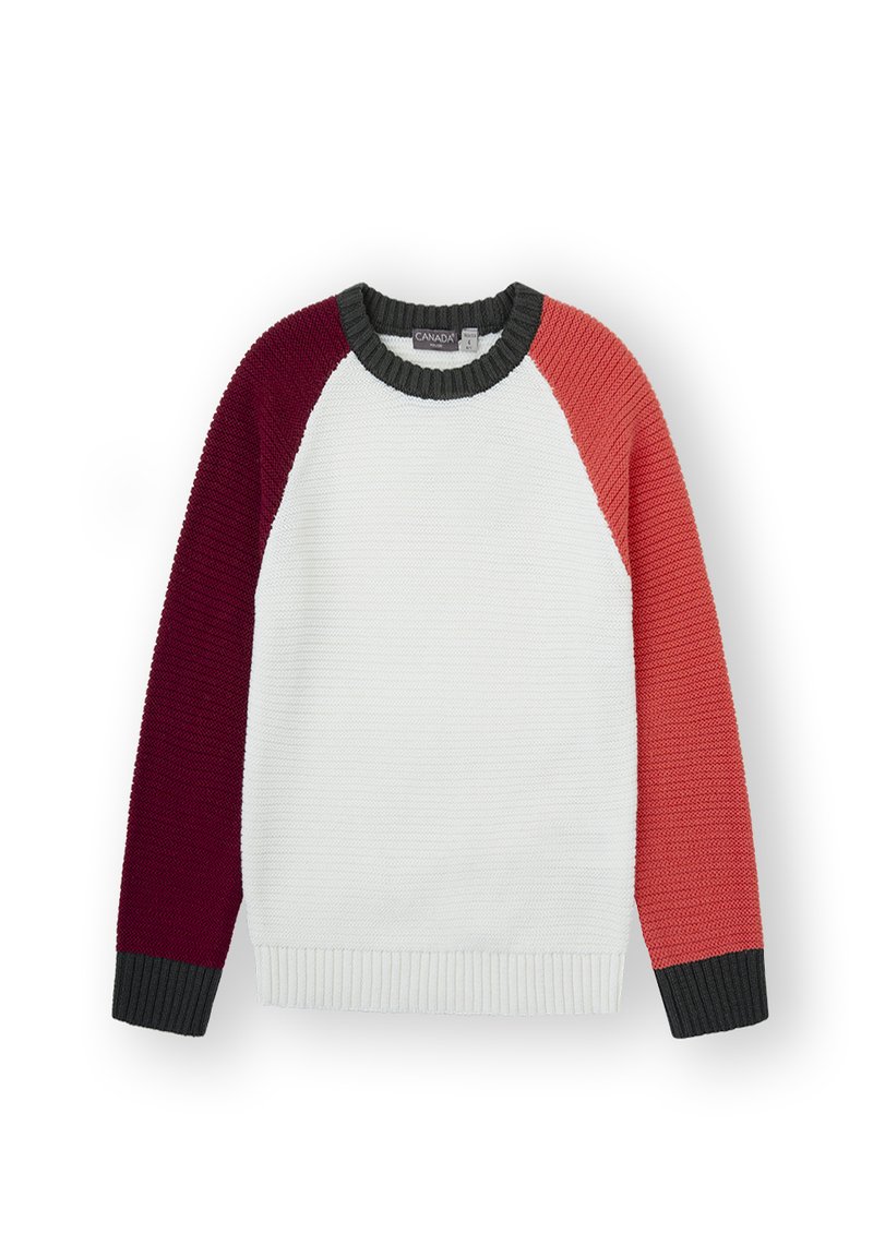 Jersey de punto con cuerpo blanco, mangas raglán en burdeos, coral y gris, cuello y dobladillo acanalados. Tejido texturizado con un ajuste casual.