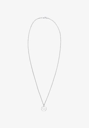 Silver chain necklace with a thin, textured design and a circular pendant featuring two overlapping rings. Simple clasp closure.