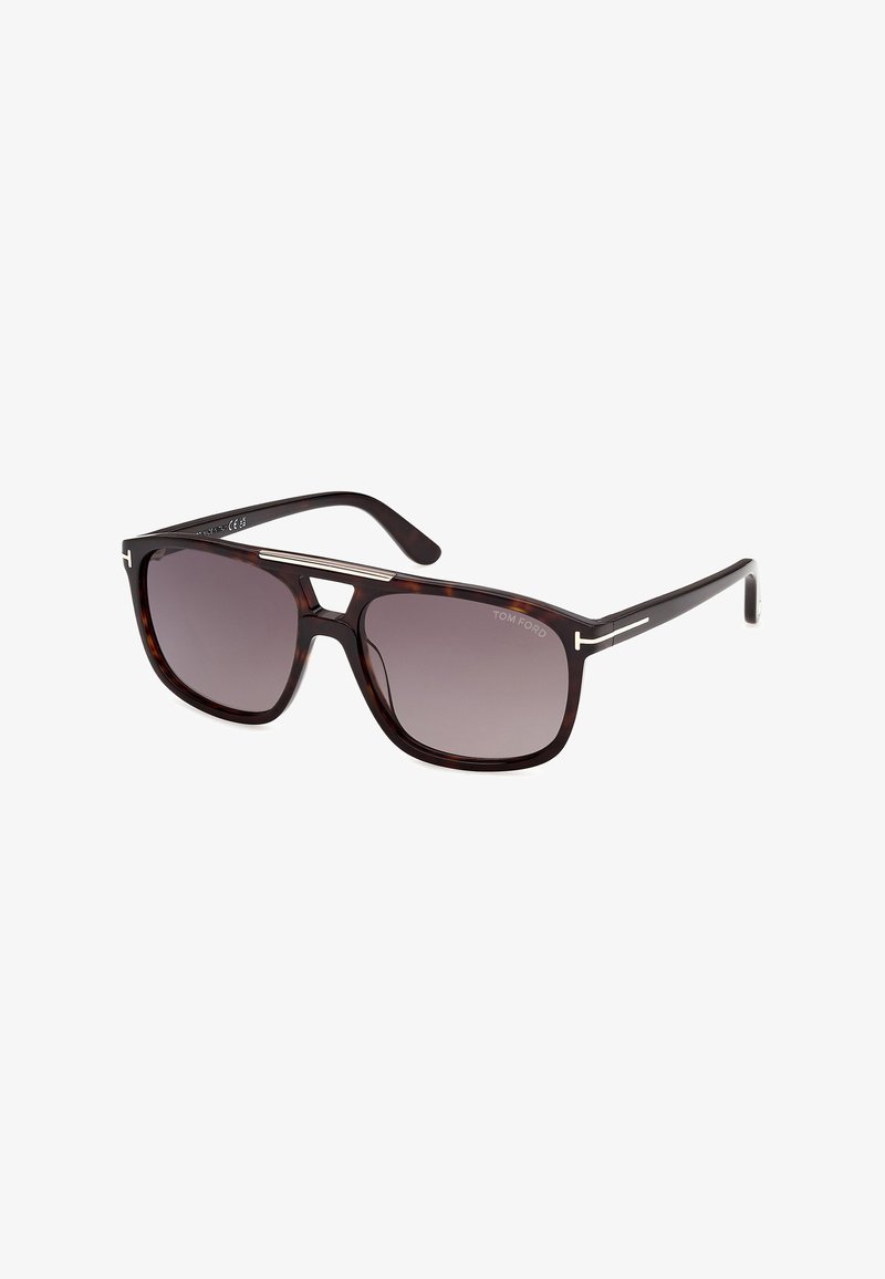 Dark tortoiseshell rectangular sunglasses with gradient lenses and silver accents on the bridge and temples, branded Tom Ford on lens.