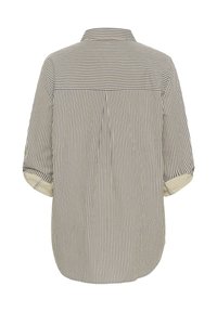 Chemise à manches longues à rayures verticales bleues et blanches, poignets retroussés et empiècement dos à rayures horizontales.