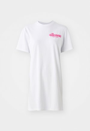 Valge lühikeste varrukatega t-särk, mis on valmistatud puuvillast, ümmarguse kaelusega ja millel on vasakul rinnal roosa "ellesse" logo.