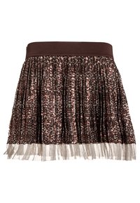 Brązowa plisowana spódnica z brązowym elastycznym pasem, ozdobiona cekinami i przezroczystym, warstwowym dołem. Teksturowany i lekki materiał.