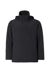 Giacca impermeabile nera con cappuccio, chiusura frontale con zip e due tasche laterali. Realizzata in materiale liscio e leggero. Caratterizzata da logo sul petto.
