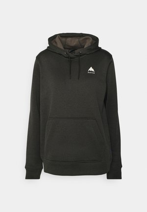 Olivenfarbener Kapuzenpullover aus weichem Stoff, mit einer Fronttasche, verstellbarem Kordelzug an der Kapuze und einem kleinen weißen Berglogo auf der Brust.