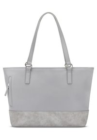 Gray tote bag with smooth leather and a textured gray bottom. Features two shoulder straps and a side zipper pocket.
