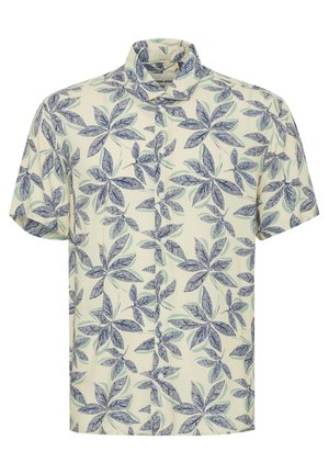 Lyhythihainen paita vaaleassa kermassa, tummansinisellä ja vihreällä lehväkuviolla. Napitettava etuosa ja perinteinen kaulus. Sileä kankaan rakenne.