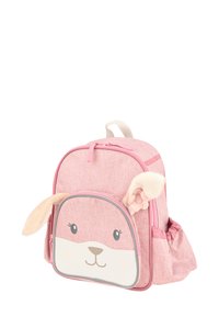 Pink children's backpack with a bunny face on the front pocket, featuring soft fabric ears and side elastic pockets.