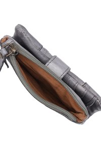 Gray leather purse with a zip closure, featuring a brown fabric interior and textured exterior. Includes a metal zip pull and stitching details.