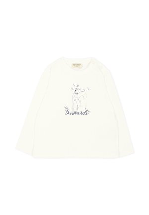 Maglietta bianca a maniche lunghe per bambino con disegno di un cane a linee sottili e testo "Trussardi" ricamato al centro davanti.