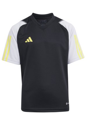 Maglia sportiva nera con maniche corte bianche e strisce gialle di accentuazione. Presenta un collo a V e il logo Adidas giallo sul petto.