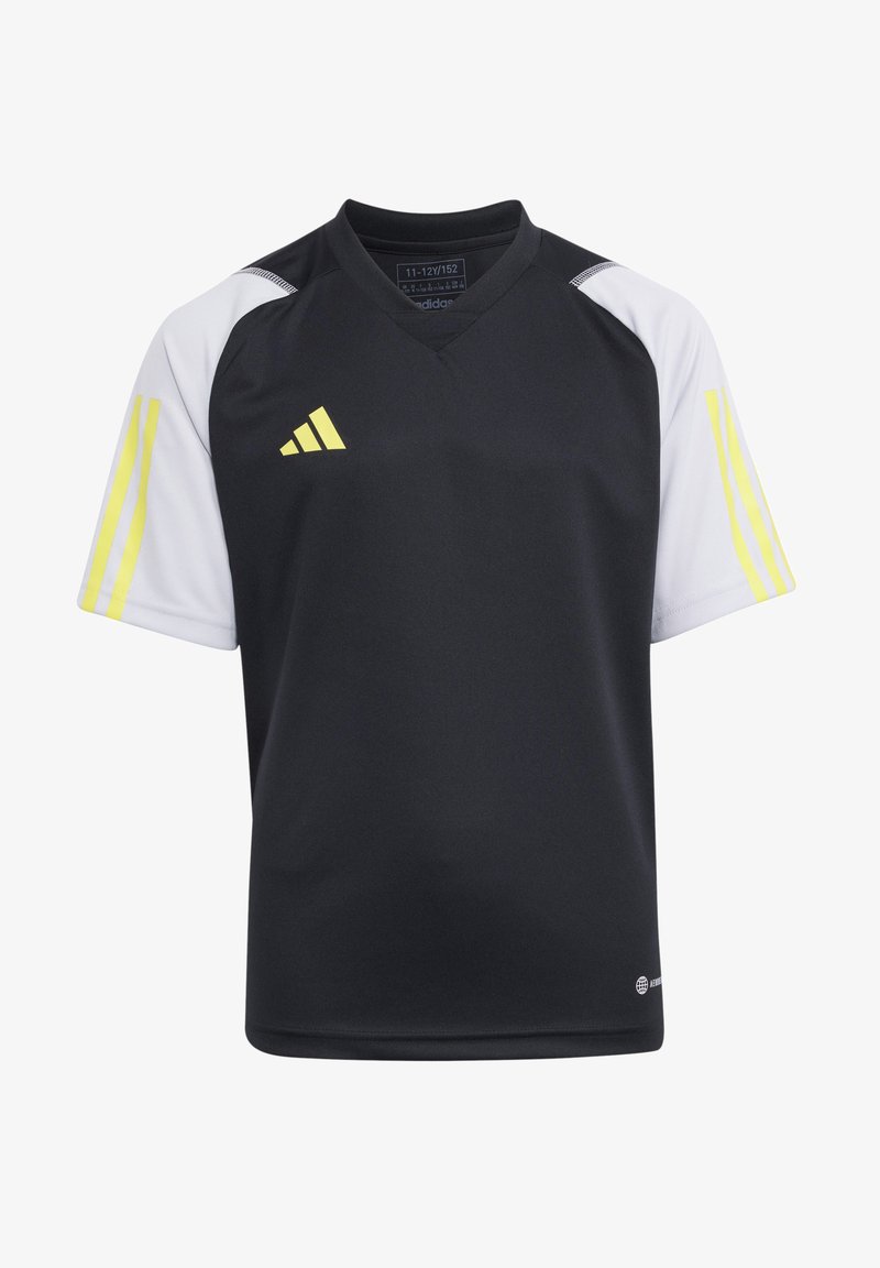 Zwart sporttricot met korte witte mouwen en gele accentstrepen. Beschikt over een V-hals en het Adidas-logo in het geel op de borst.