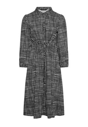 Nap vestido com botão, feito de tecido estampado, apresentando um design de grade preto e branco, mangas longas e cintura ajustável com cordão.