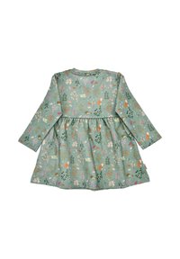 Langärmliges Kleid aus türkisfarbenem Stoff mit floralem und tierischem Muster, gerafftem Rock, rundem Halsausschnitt und strukturiertem Finish.