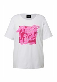 Camiseta de algodón blanca con un vibrante diseño gráfico floral en rosa, con contornos y hojas, cuello redondo y mangas cortas.