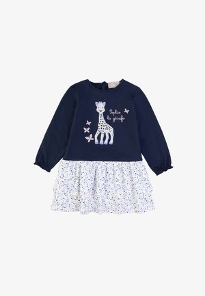 Abito lungo in navy con gonna arricciata floreale bianca. Presenta un'illustrazione di giraffa e il testo "Sophie la girafe". Materiale in cotone morbido.