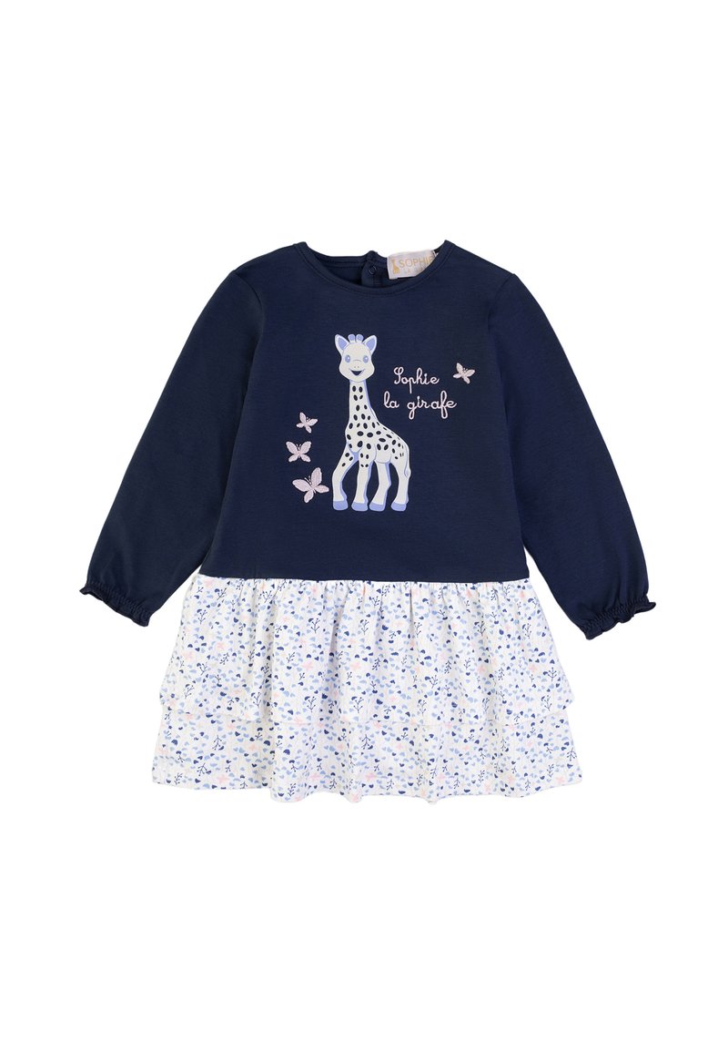 Marineblaues Langarmkleid mit einem weißen, floralem Rüschenspiegel. Enthält eine Giraffenillustration und den Text "Sophie la girafe". Aus weichem Baumwollmaterial.