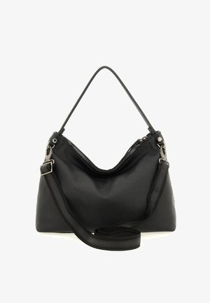 Borsa a tracolla in pelle nera texturizzata con ferrature argentate, chiusura superiore con cerniera e tracolla regolabile e staccabile a bandoliera.