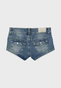 Back view of blue denim shorts with two buttoned flap back pockets and a white label marked "D76" on the waistband.